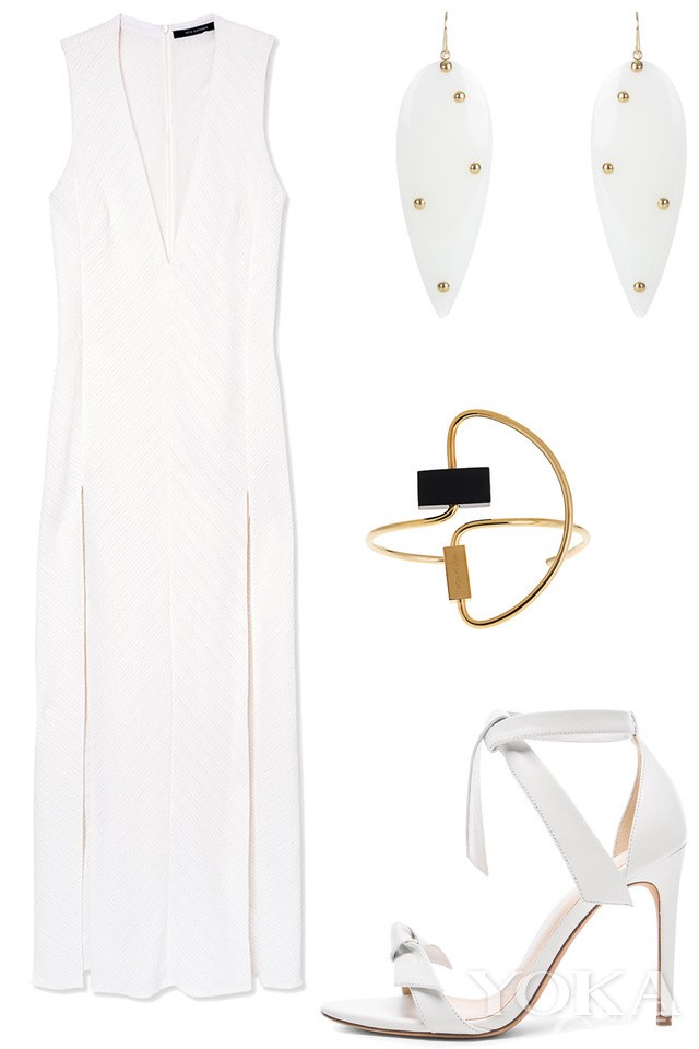 禮服來自Wes Gordon，售價(jià)3,255美元；耳環(huán)來自Aurelie Bidermann，售價(jià)296美元；手鐲來自Roksanda，售價(jià)628美元；高跟鞋來自Alexandre Birman，售價(jià)595美元